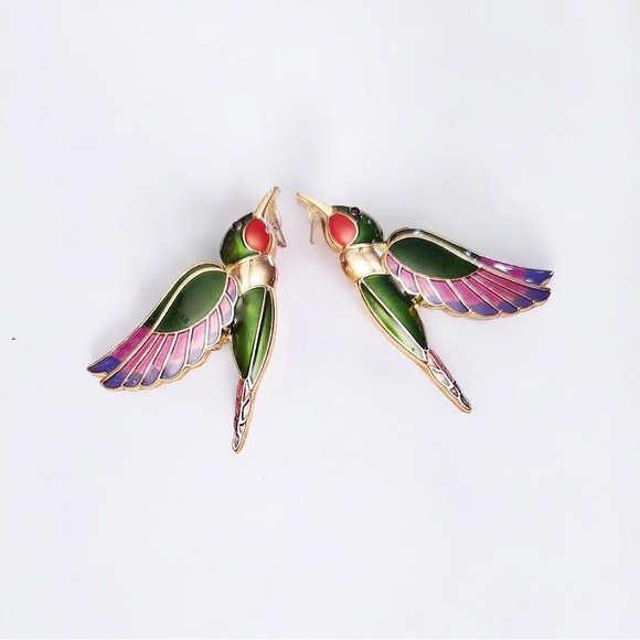 Designer Zerina Akers XL Multicolored Painted Enamel Hummingbird Post Earrings - Picture 2 of 2